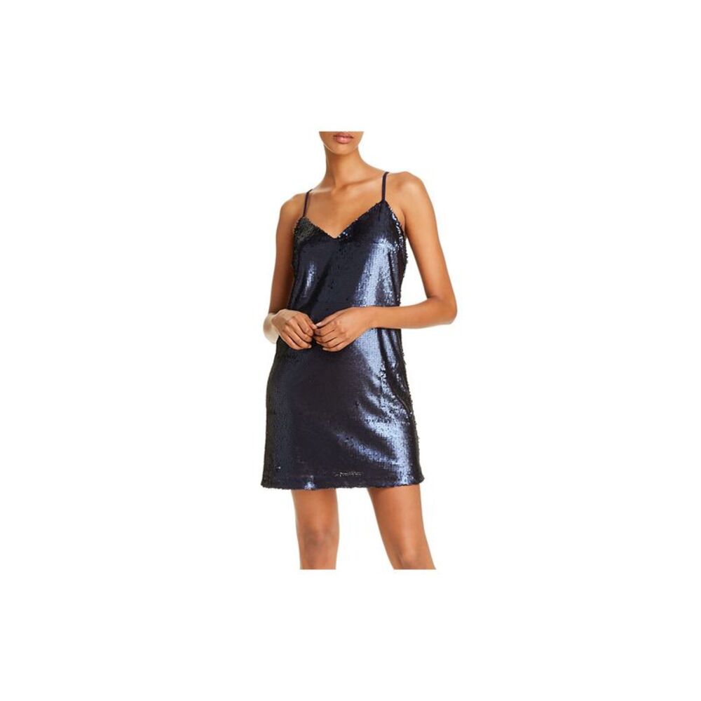 AQUA Womens Navy Sequined Spaghetti Strap V Neck Short Party Shift Dress S